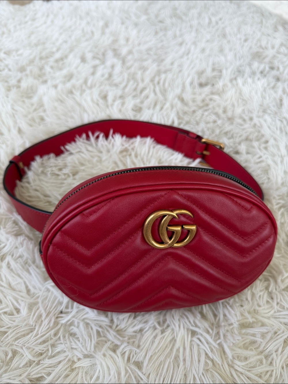 Gucci Red GG Marmont Chevron Leather Belt Bag with Gold Hardware